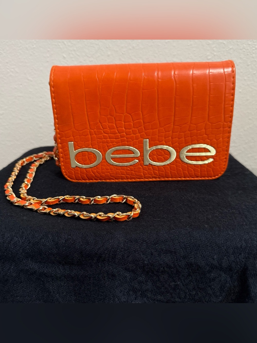 bebe Orange Croc-Embossed Crossbody with Gold Chain